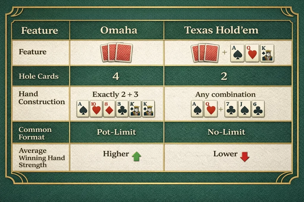Omaha vs Hold’em Rules Table – clear side-by-side comparison.
